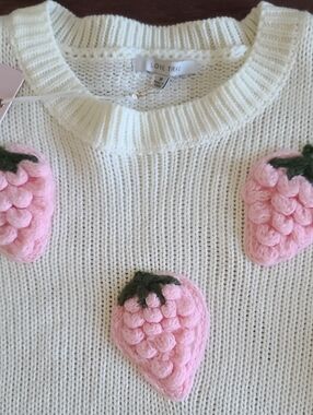 Love Tree Cream Sweater with Pink Crochet Strawberry Appliqués